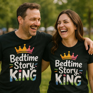 Person wearing the black dad shirts fathers day graphic tee - "Bedtime Story King" design