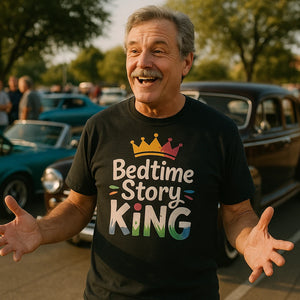 Lifestyle shot of the "Bedtime Story King" black dad shirts fathers day in a real-world setting