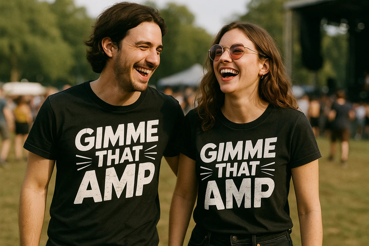 Person wearing the black musician tee graphic tee - "Gimme That Amp" design