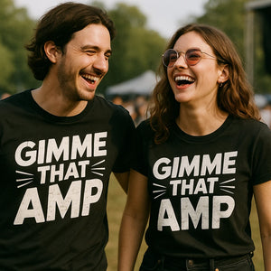 Person wearing the black musician tee graphic tee - "Gimme That Amp" design