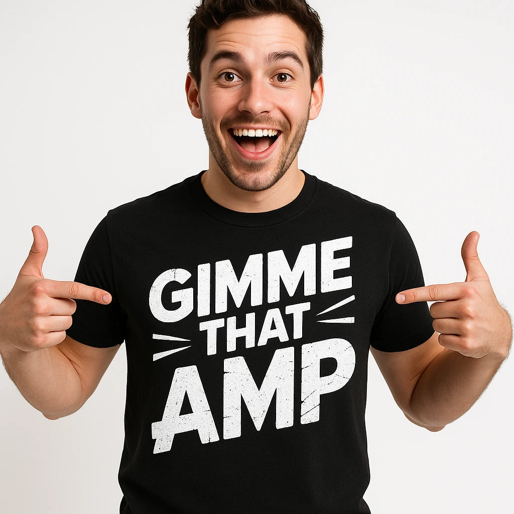 Close-up of the "Gimme That Amp" white print on a premium Bella+Canvas black musician tee