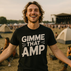Lifestyle shot of the "Gimme That Amp" black musician tee in a real-world setting