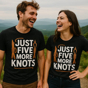 Person wearing the black bushcraft shirts graphic tee - "Just Five More Knots" design