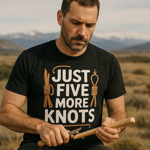 Lifestyle shot of the "Just Five More Knots" black bushcraft shirts in a real-world setting