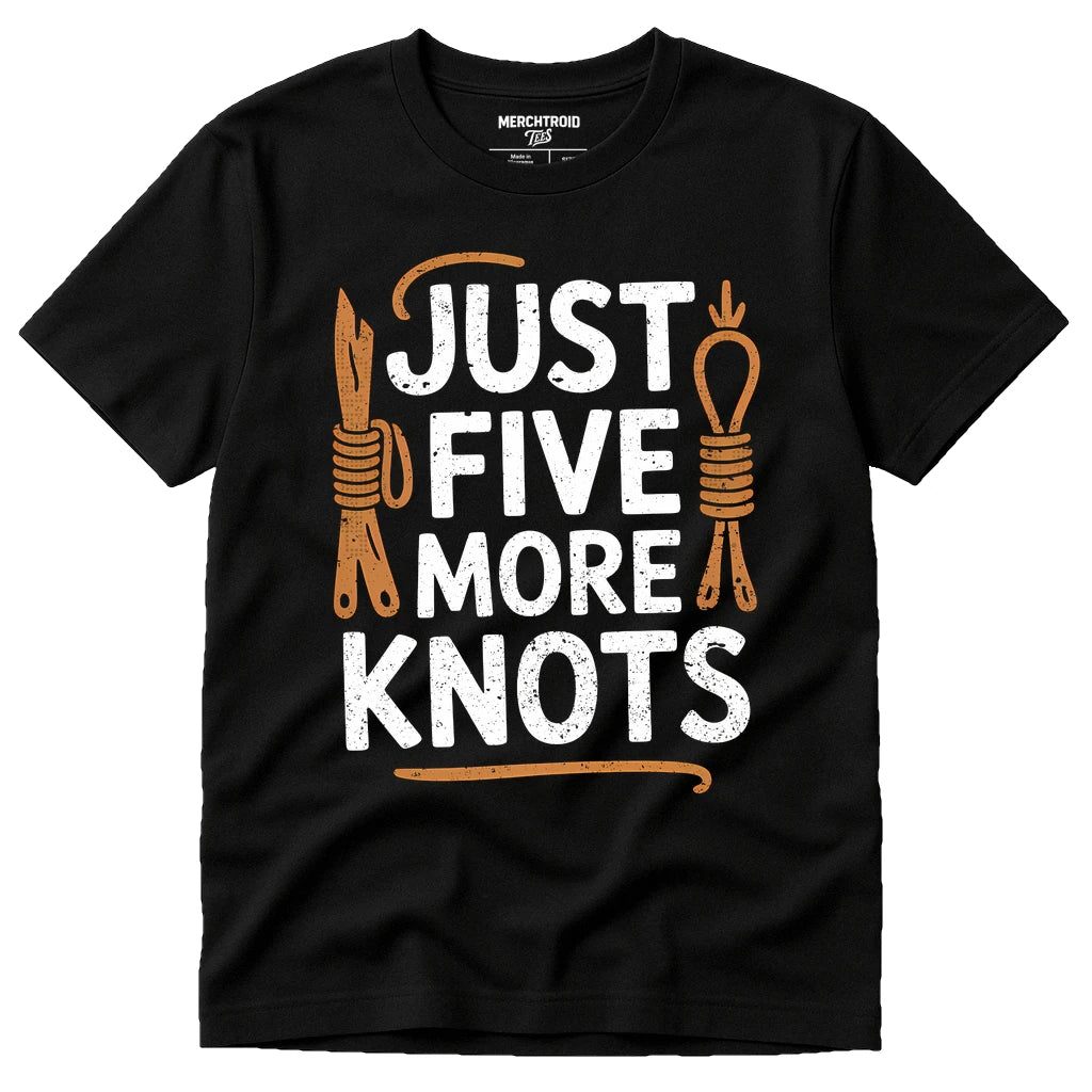 Black Bushcraft Shirts - "Just Five More Knots" graphic tee with white print, flat lay product photo