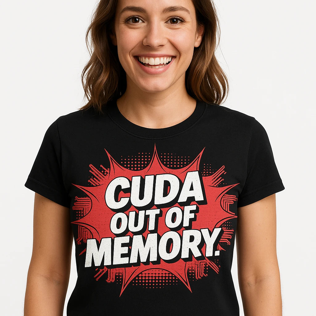 Close-up of the "Cuda Out of Memory" red print on a premium Bella+Canvas black artificial intelligence shirts