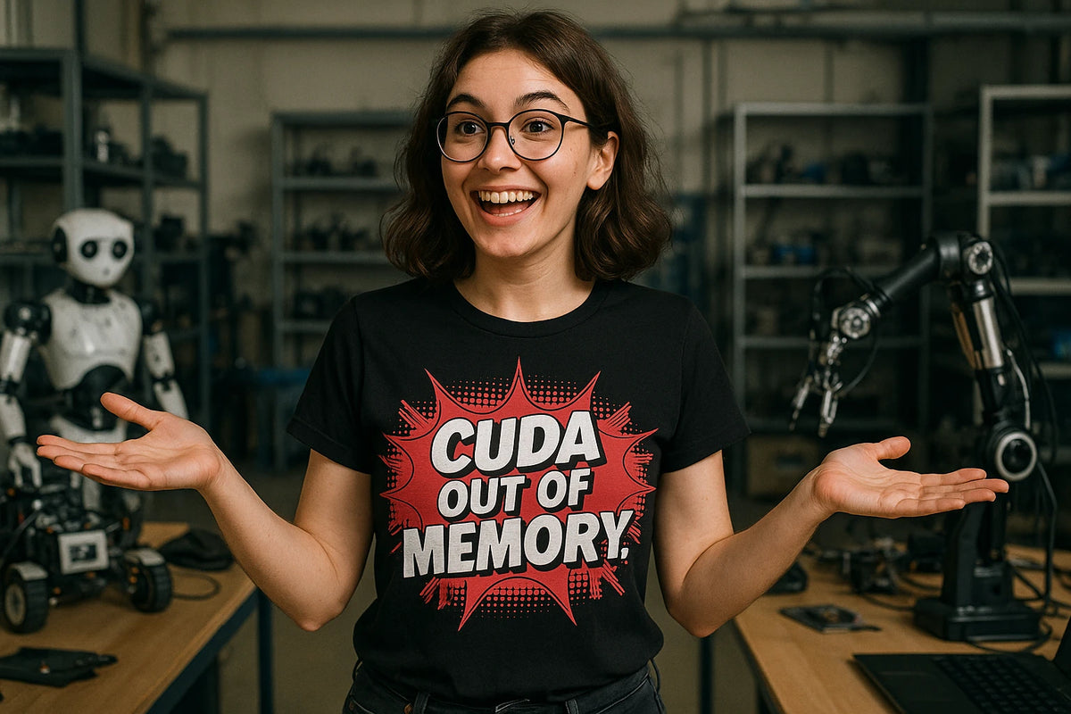 Lifestyle shot of the "Cuda Out of Memory" black artificial intelligence shirts in a real-world setting