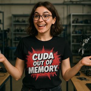 Lifestyle shot of the "Cuda Out of Memory" black artificial intelligence shirts in a real-world setting
