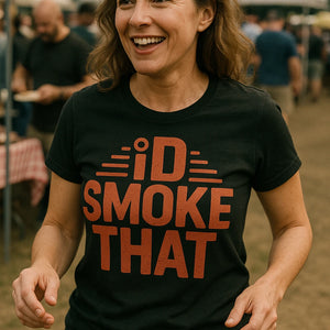 "Id Smoke That" black steak t shirt, photographed as gifts for a steak lover