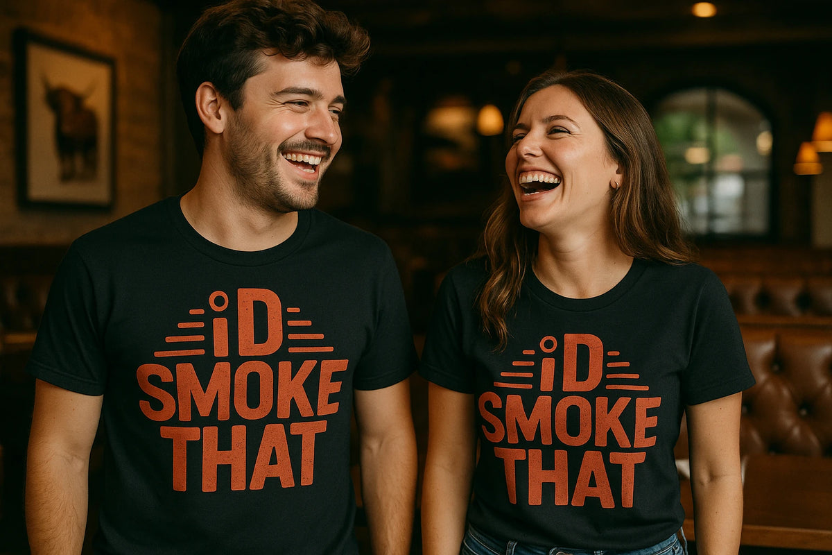 Person wearing the black steak t shirt graphic tee - "Id Smoke That" design