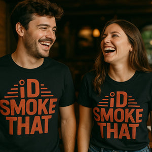 Person wearing the black steak t shirt graphic tee - "Id Smoke That" design