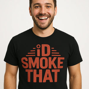 Close-up of the "Id Smoke That" red print on a premium Bella+Canvas black steak t shirt