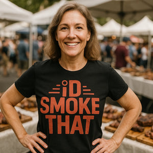 Lifestyle shot of the "Id Smoke That" black steak t shirt in a real-world setting