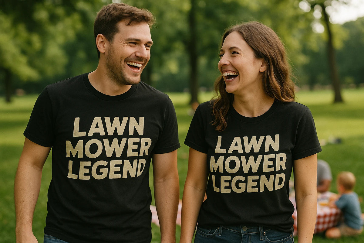 Person wearing the black dad tee graphic tee - "Lawn Mower Legend" design