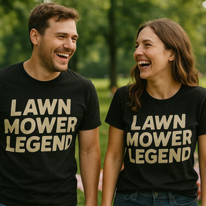 Person wearing the black dad tee graphic tee - "Lawn Mower Legend" design