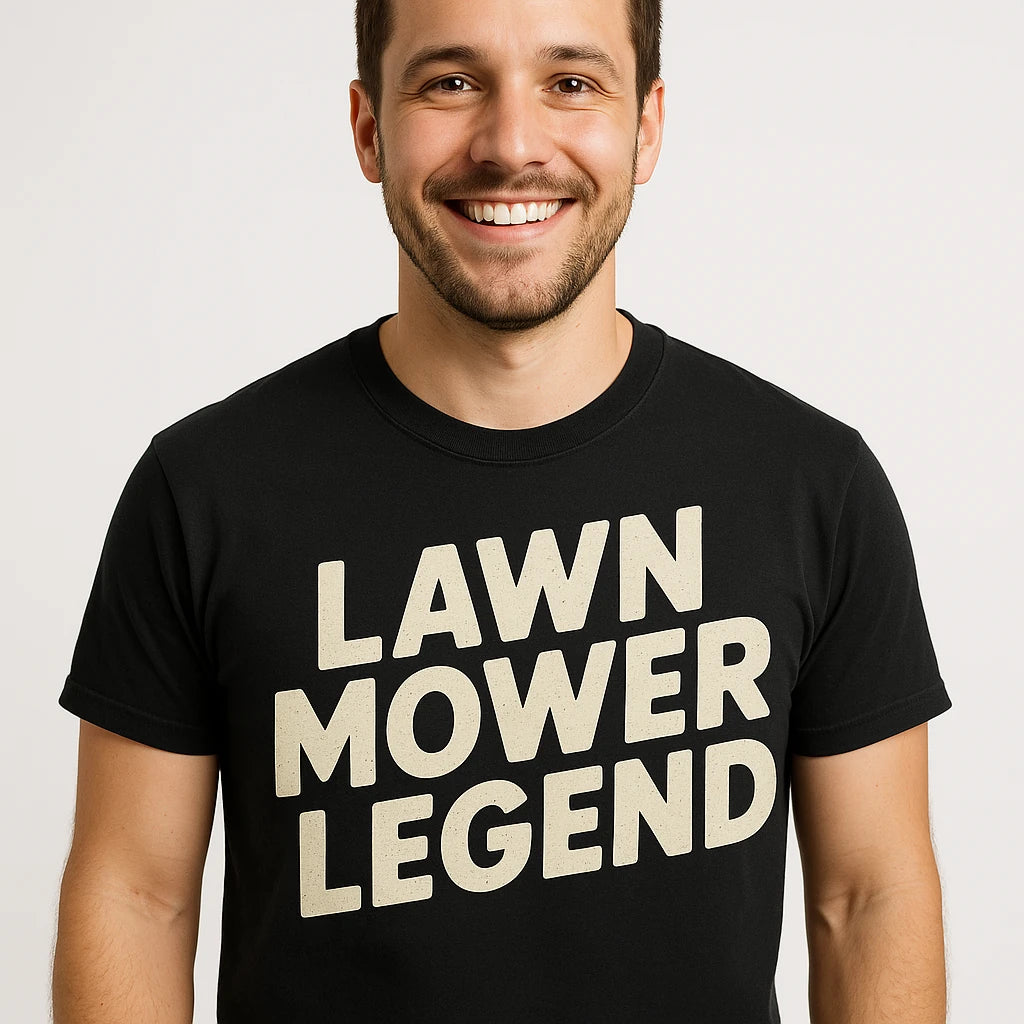 Close-up of the "Lawn Mower Legend" beige print on a premium Bella+Canvas black dad tee