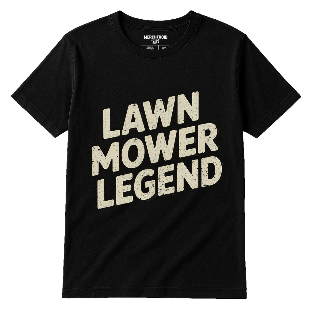 Black Dad Tee - "Lawn Mower Legend" graphic tee with beige print, flat lay product photo