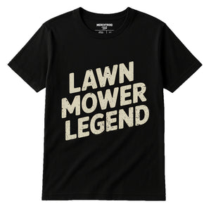Black Dad Tee - "Lawn Mower Legend" graphic tee with beige print, flat lay product photo