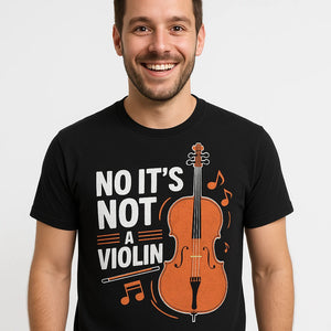 Close-up of the "No It'S Not a Violin" orange print on a premium Bella+Canvas black orchestra t shirt ideas