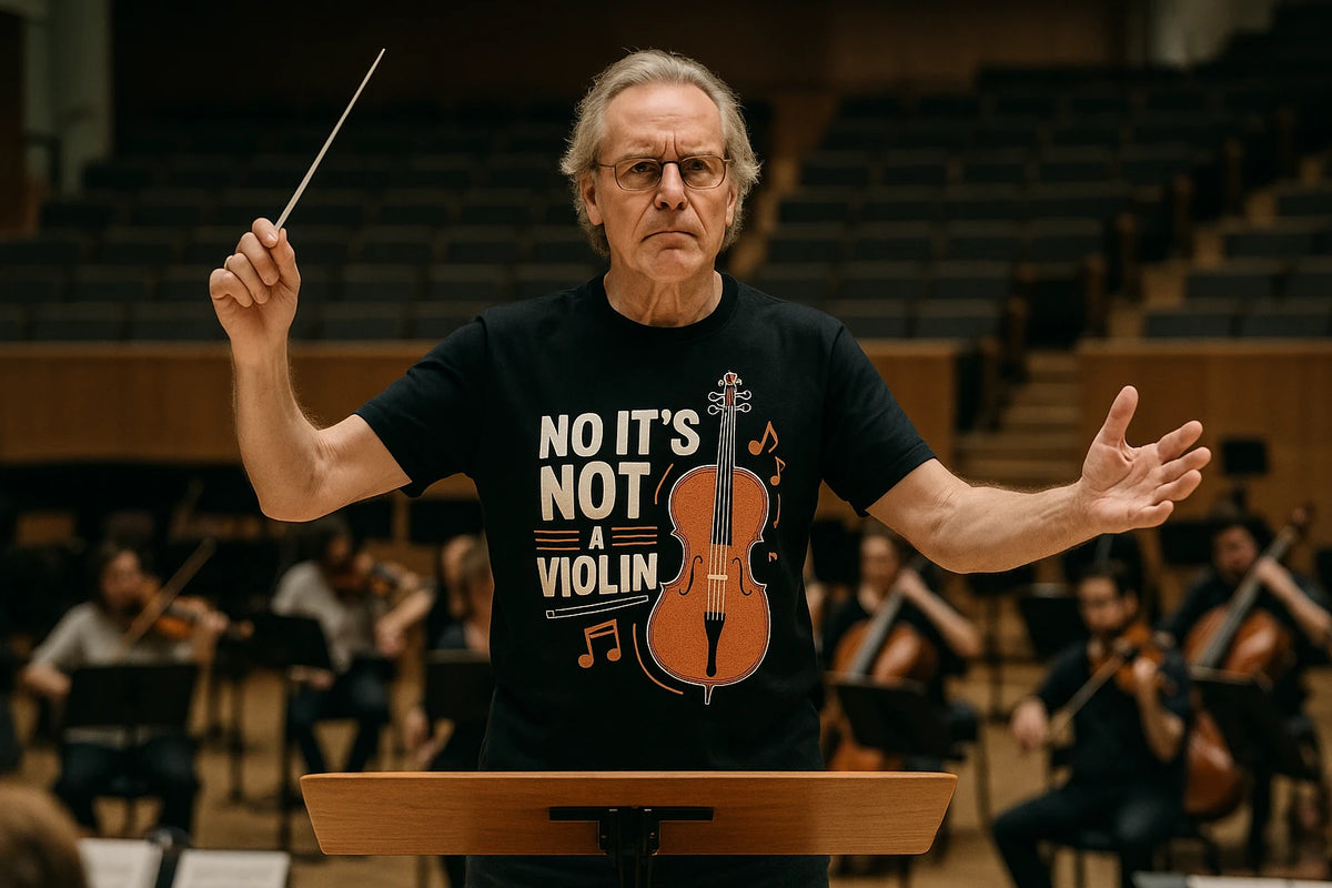 Lifestyle shot of the "No It'S Not a Violin" black orchestra t shirt ideas in a real-world setting