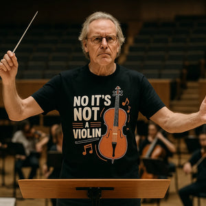 Lifestyle shot of the "No It'S Not a Violin" black orchestra t shirt ideas in a real-world setting