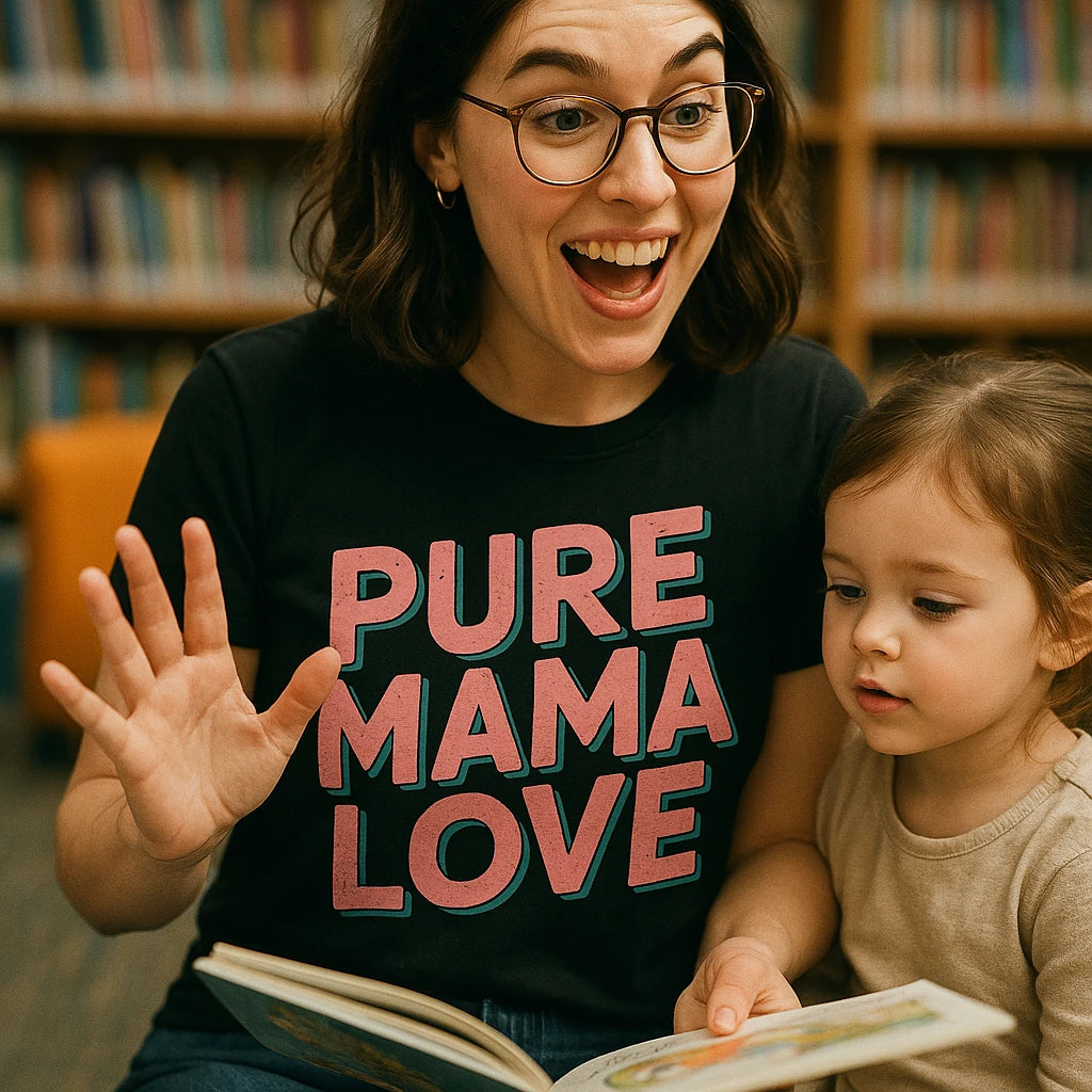 A woman wearing glasses and a black shirt with the text "PURE MAMA LOVE" is sitting with a young child on her lap. They are reading a book together and appear to be in a library. The woman looks excited and engaged. The child is focused on the book.