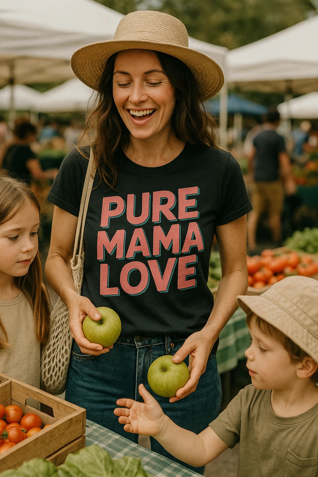 A smiling woman in a straw hat and a black t-shirt with "PURE MAMA LOVE" printed on it is standing at a market. She is holding a green apple and is accompanied by two children. They are at a fruit stall with tomatoes in a wooden crate. The scene is outdoors with several market stalls in the background.