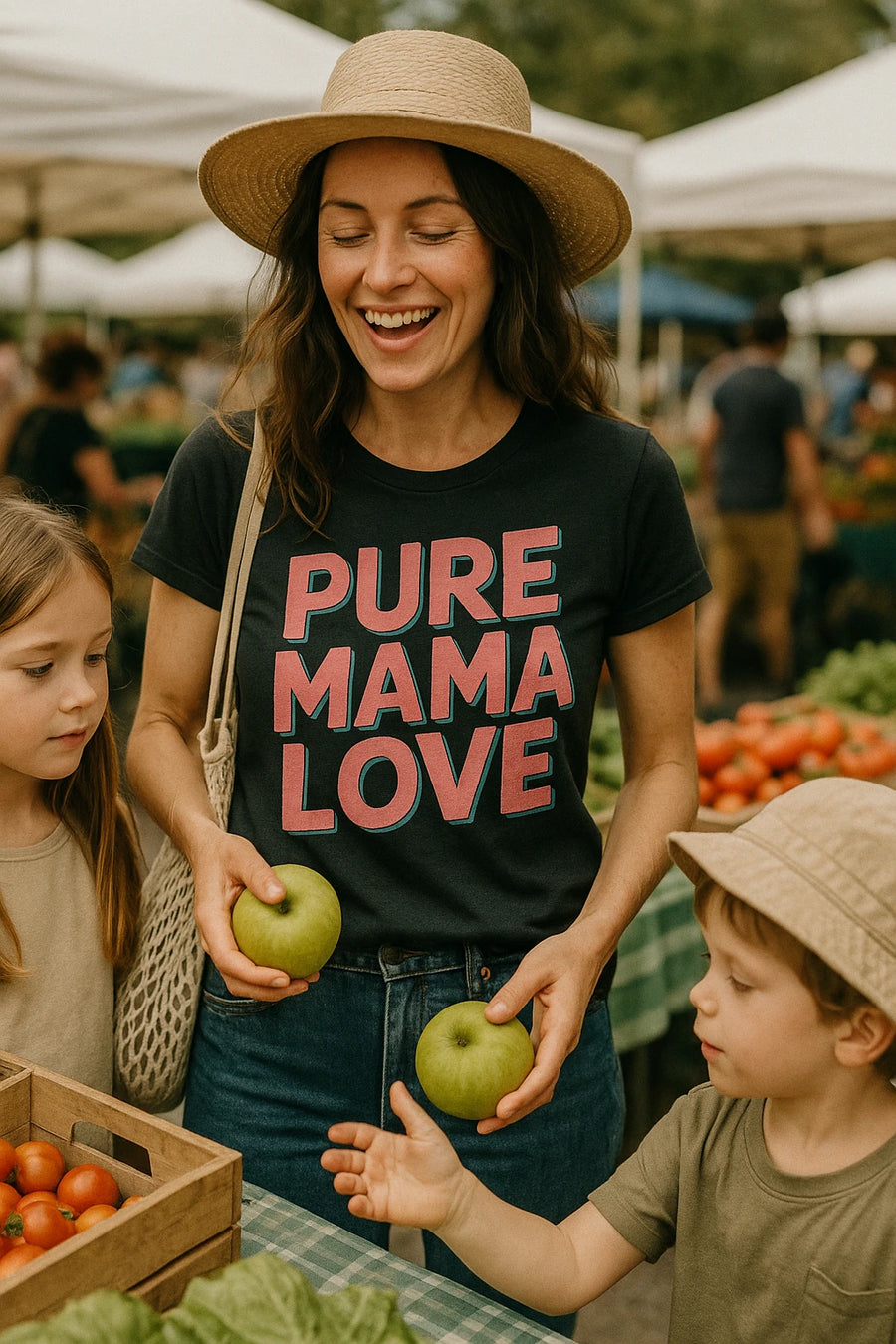 A smiling woman in a straw hat and a black t-shirt with "PURE MAMA LOVE" printed on it is standing at a market. She is holding a green apple and is accompanied by two children. They are at a fruit stall with tomatoes in a wooden crate. The scene is outdoors with several market stalls in the background.