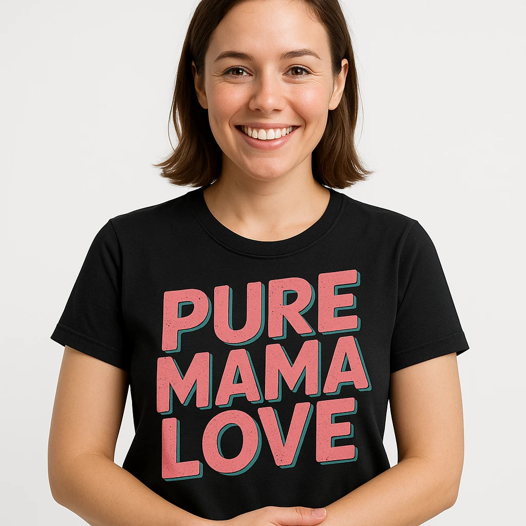 A person with shoulder-length brown hair is smiling, wearing a black T-shirt with the text "PURE MAMA LOVE" in large pink letters.