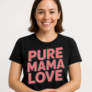 Close-up of the "Pure Mama Love" pink print on a premium Bella+Canvas black mom life tee shirt
