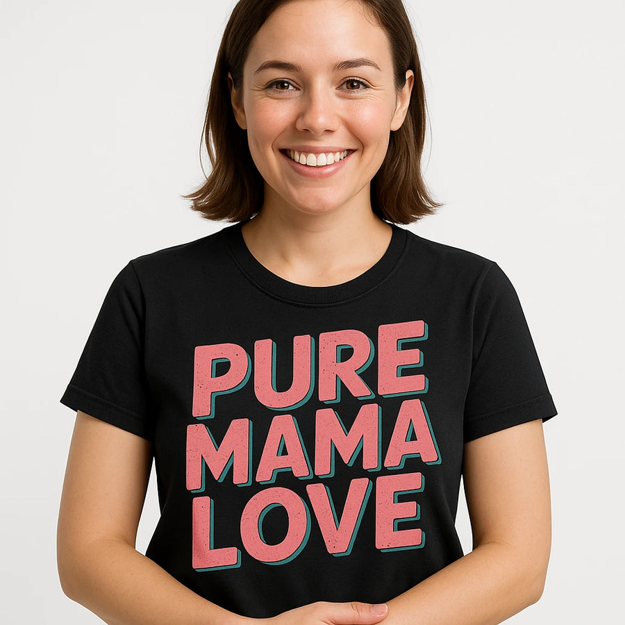 A person with shoulder-length brown hair is smiling, wearing a black T-shirt with the text "PURE MAMA LOVE" in large pink letters.