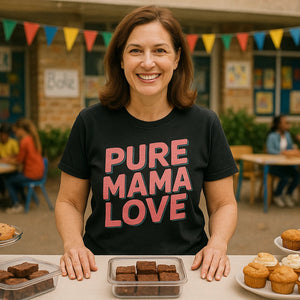 Lifestyle shot of the "Pure Mama Love" black mom life tee shirt in a real-world setting