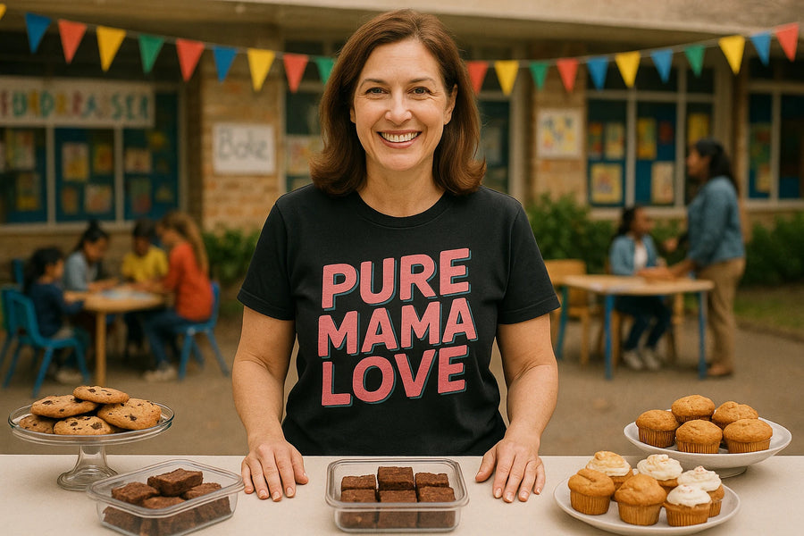 A woman is standing behind a table with assorted baked goods, including cookies, brownies, and muffins. She is wearing a black t-shirt with the text "PURE MAMA LOVE" in large, pink letters. In the background, there are colorful flags and children sitting at tables, suggesting a festive or community event.