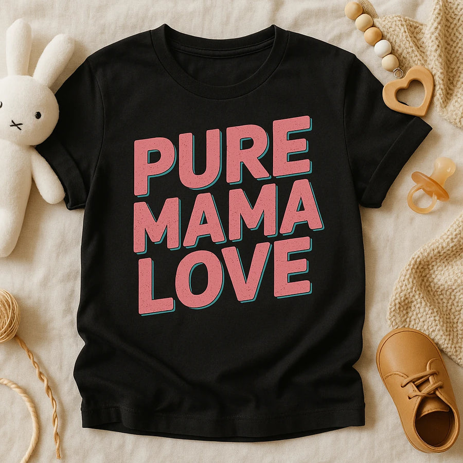 A black t-shirt with the text "PURE MAMA LOVE" in large pink letters with a teal shadow effect. The shirt is laid flat on a light fabric surface surrounded by baby items, including a stuffed bunny, a wooden rattle, a pacifier, a knit blanket, and a pair of brown baby shoes.