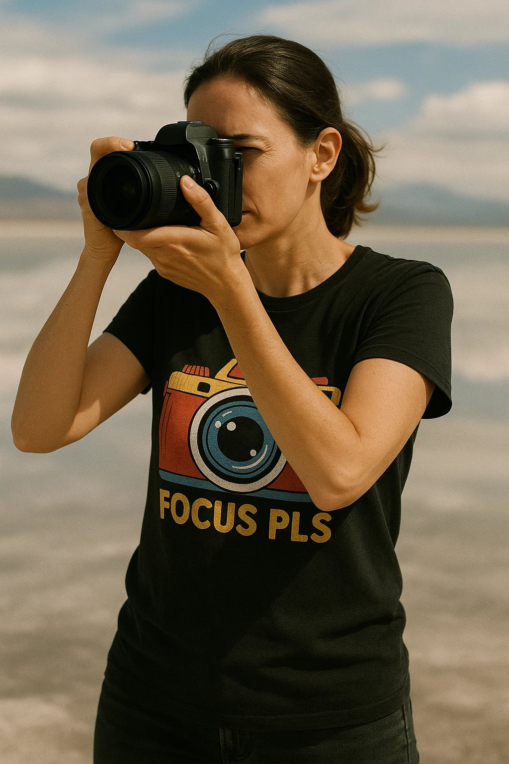 A person with dark hair is taking a photo with a DSLR camera. They are wearing a black t-shirt featuring a colorful camera graphic and the text "FOCUS PLS." The background appears to be an outdoor setting with a cloudy sky.