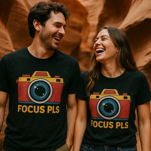 Person wearing the black custom t shirts for photographers graphic tee - "Focus Pls" design