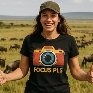 Lifestyle shot of the "Focus Pls" black custom t shirts for photographers in a real-world setting