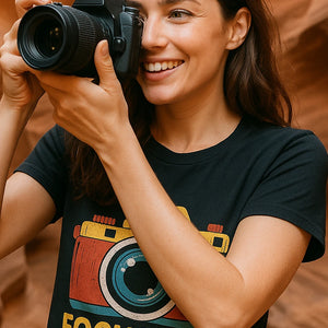 "Focus Pls" black custom t shirts for photographers, photographed as photographers lover gift