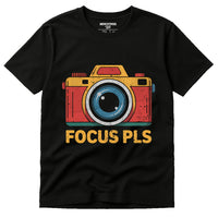 A black t-shirt with a colorful graphic of a camera above the text 
