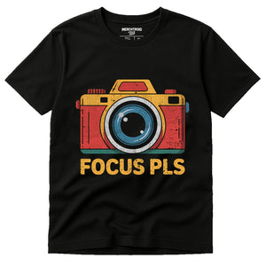 Black Custom T Shirts For Photographers - "Focus Pls" graphic tee with orange print, flat lay product photo