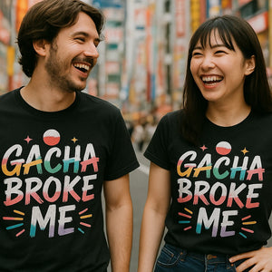 Person wearing the black tokyo t shirt graphic tee - "Gacha Broke Me" design