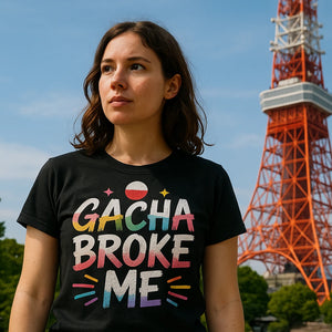 Lifestyle shot of the "Gacha Broke Me" black tokyo t shirt in a real-world setting