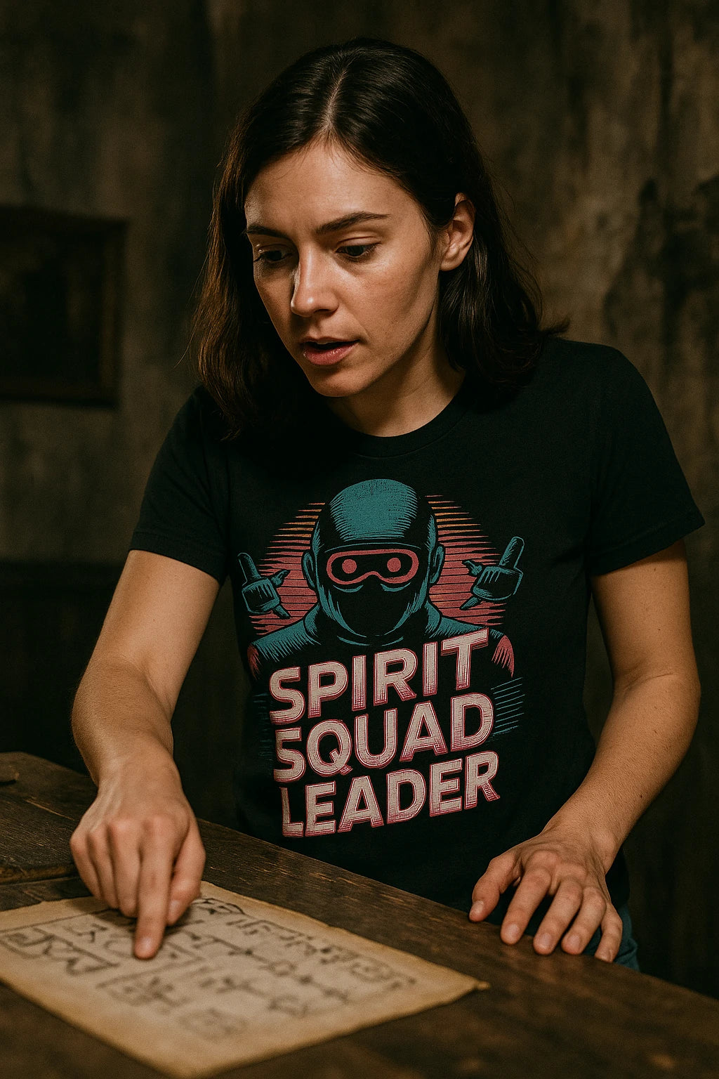 "Spirit Squad Leader" black paranormal t shirt, photographed as gifts for paranormal lovers