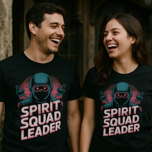 Person wearing the black paranormal t shirt graphic tee - "Spirit Squad Leader" design