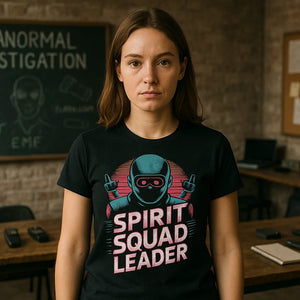 Lifestyle shot of the "Spirit Squad Leader" black paranormal t shirt in a real-world setting