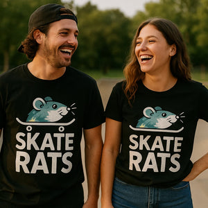 Person wearing the black skateboarding t shirt graphic tee - "Skate Rats" design