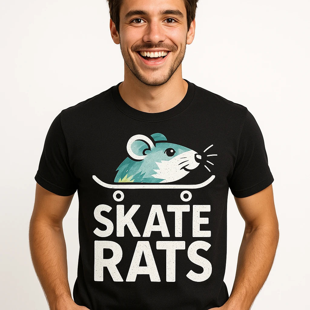 Close-up of the "Skate Rats" white print on a premium Bella+Canvas black skateboarding t shirt