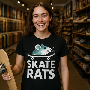 Lifestyle shot of the "Skate Rats" black skateboarding t shirt in a real-world setting