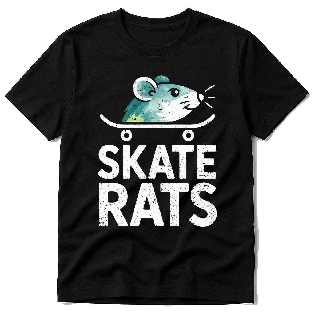 Black Skateboarding T Shirt - "Skate Rats" graphic tee with white print, flat lay product photo