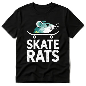 Black Skateboarding T Shirt - "Skate Rats" graphic tee with white print, flat lay product photo